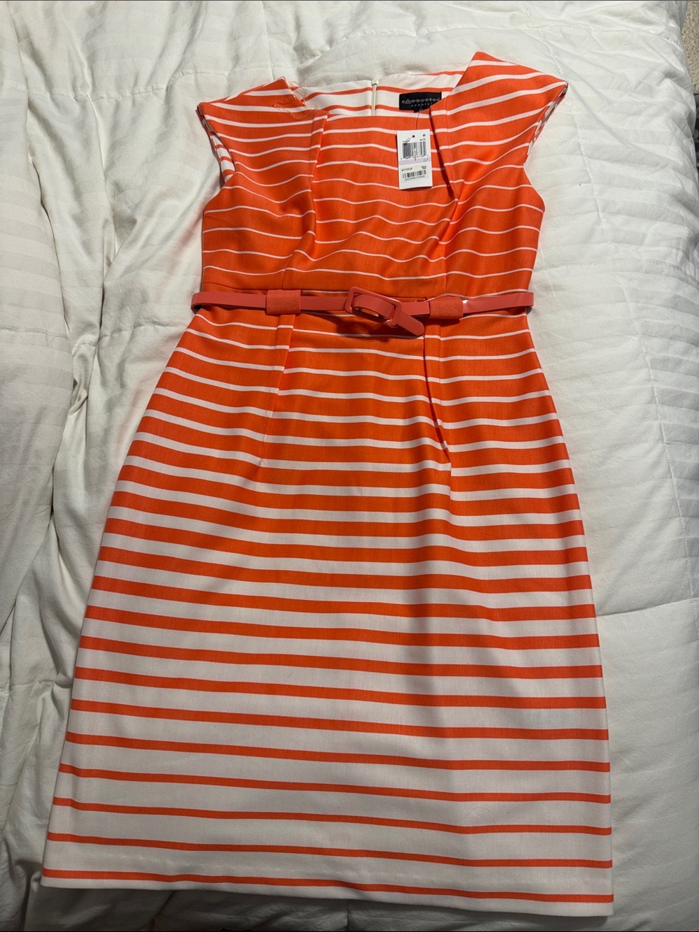 NWT - connected apparel - Orange and White Striped Belted Midi Dress - 6P